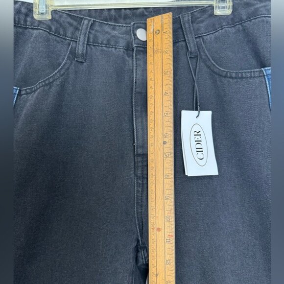 Cider NEW Denim Patchy Jeans Wide Leg Slits Stripe Flare Zip Cotton Colorblock M - Picture 13 of 15